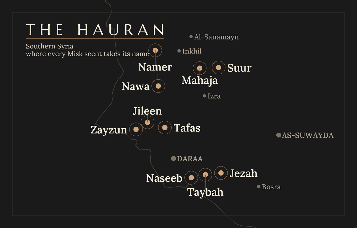 Map of the Hauran, southern Syria, marking the ten towns that name the Misk scents