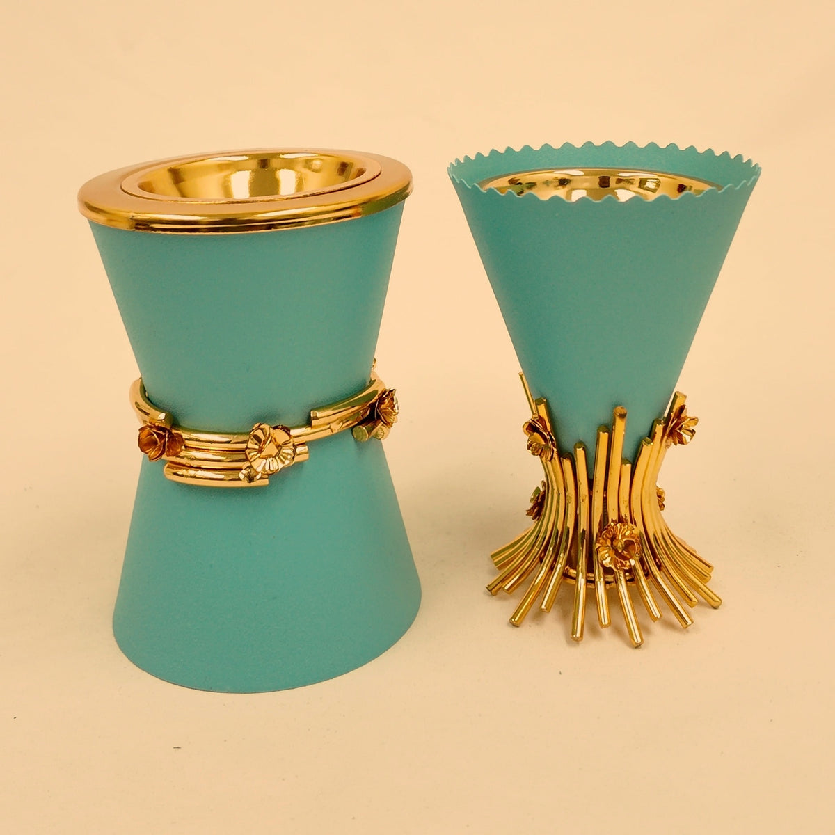 Metal Hourglass Style Burner — Teal, shown with the Metal Bouquet