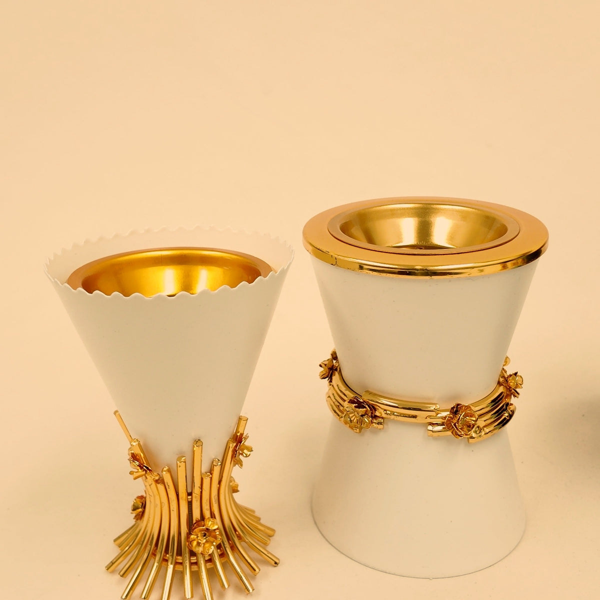 Metal Hourglass Style Burner — White, shown with the Metal Bouquet