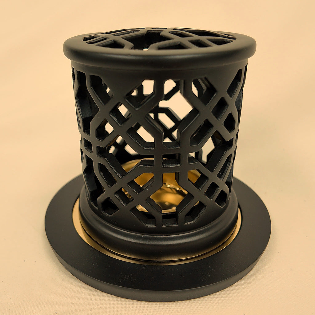 Lattice Style Burner — Black, detail of the girih lattice and gold cup [Black]
