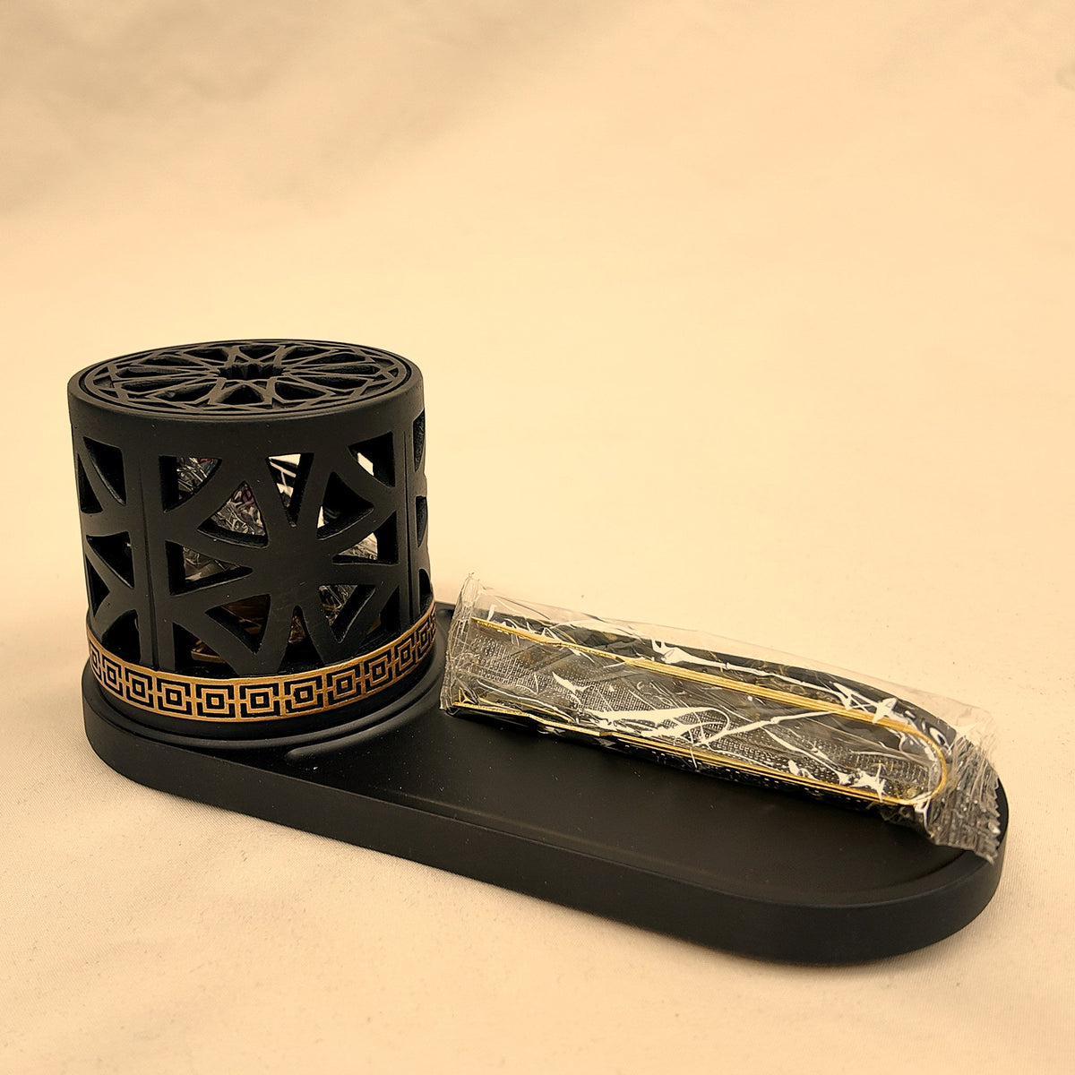 Mashrabiya Tray Style Burner — Black, with tray and gold tongs