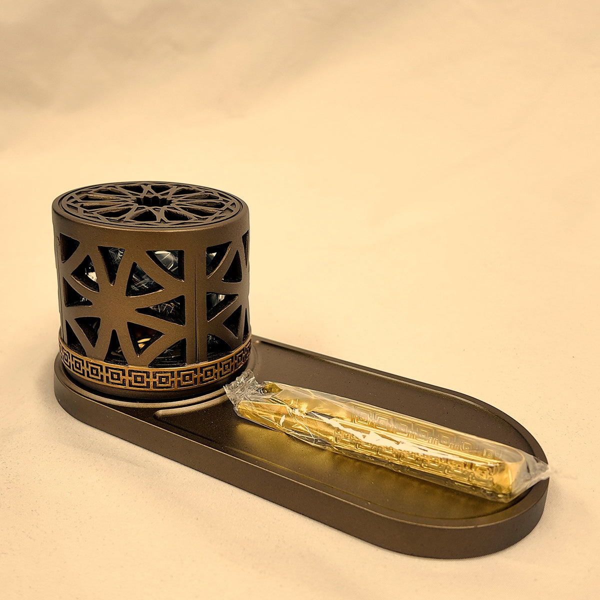 Mashrabiya Tray Style Burner — Champagne, with tray and gold tongs