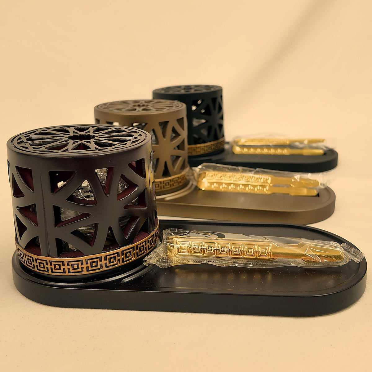 Mashrabiya Tray Style Burner set in all three colors, Brown in front [Brown]