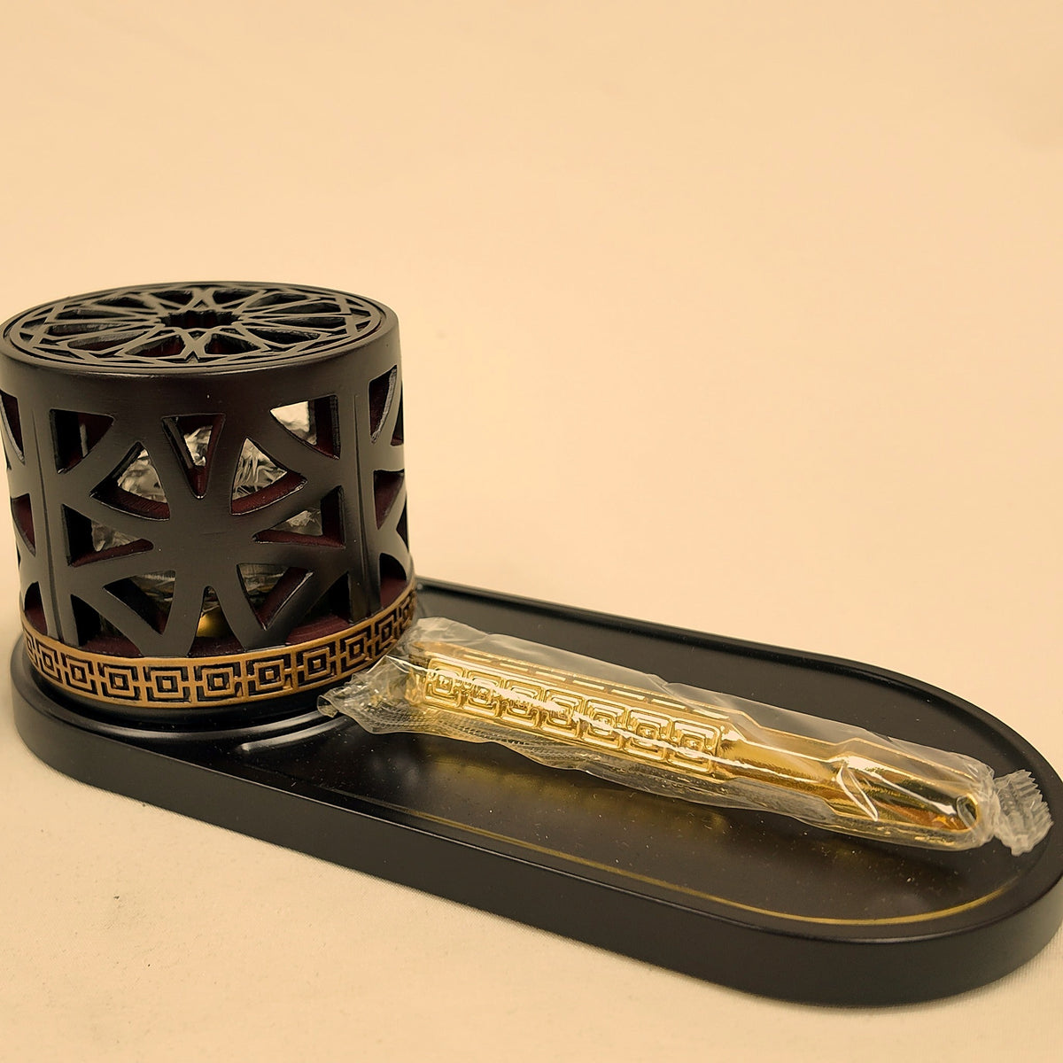 Mashrabiya Tray Style Burner — Brown, with tray and gold tongs