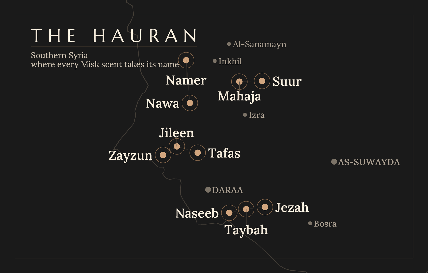 Map of the Hauran in southern Syria: the ten towns each Misk scent is named for, shown among their neighbours